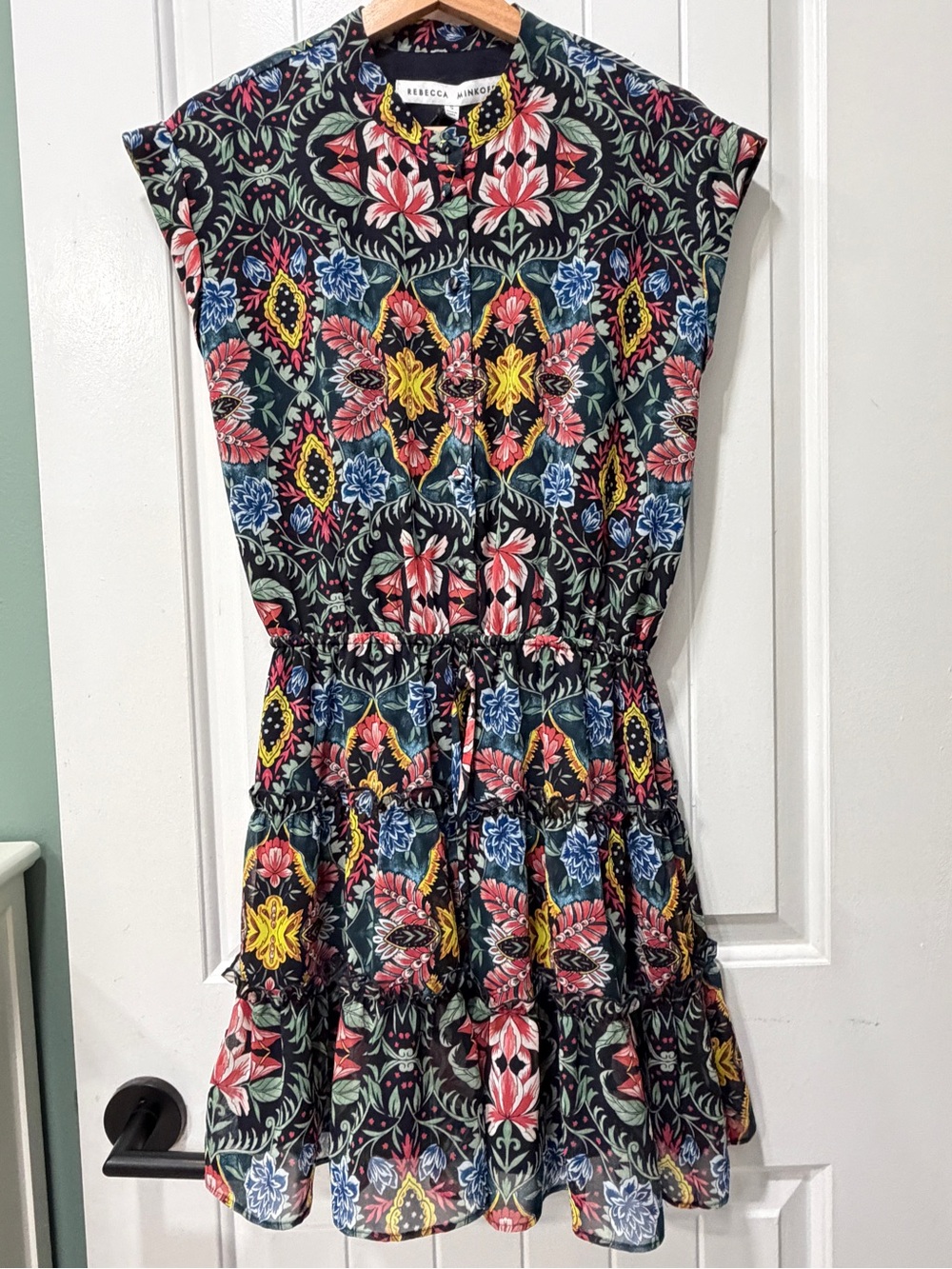 NWT Rebecca Minkoff Black Floral Tiered Dress with Multicolor Print